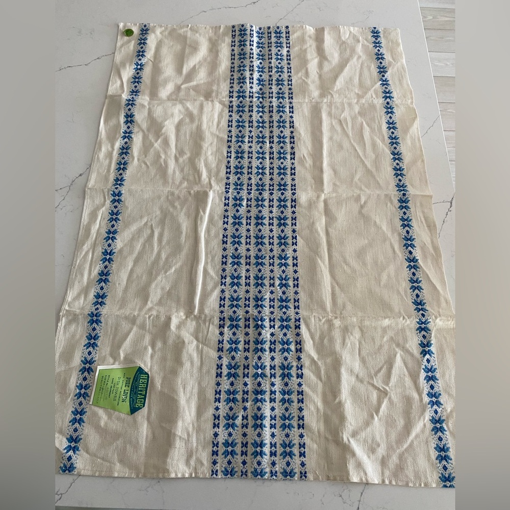 Heritage Cream and Blue Pure Linen Dish Towel